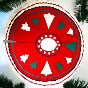 Vtg Mid Century Christmas Tree Skirt Felt 2 Layer Handmade 36"  Trees Hearts